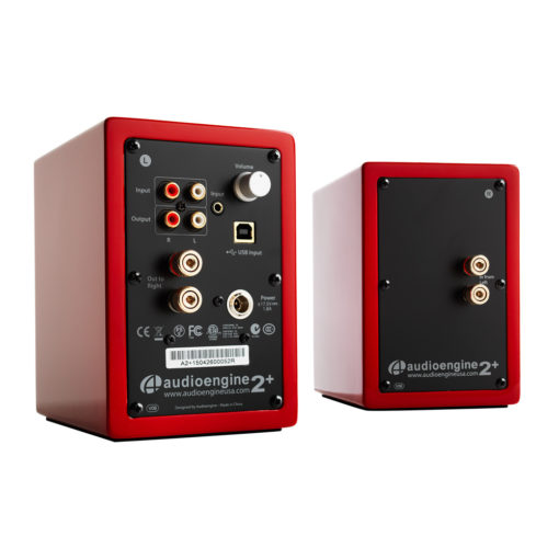 Rear view photo of Audioengine 2+ speakers in red colour