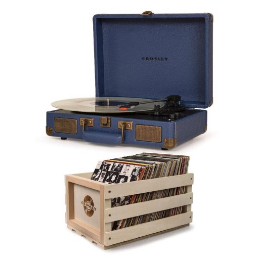 navy bluetooth portable crosley cruiser turntable with wooden crate