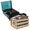 A set of Victrola Revolution Go Blue Record Player And a wooden Storage Crate